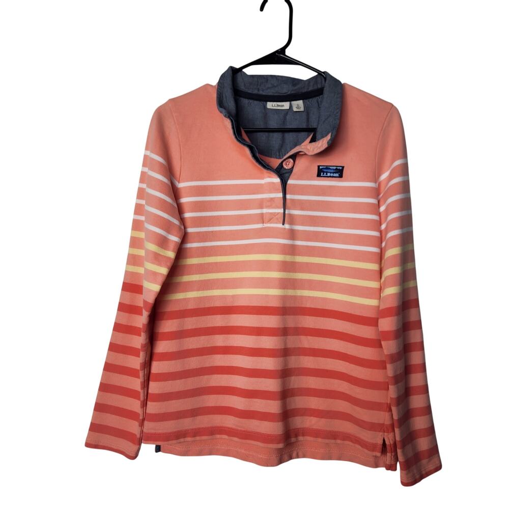 L.L. Bean Orange Striped Long Sleeve Henley Soft Cotton Rugby Shirt Size Small